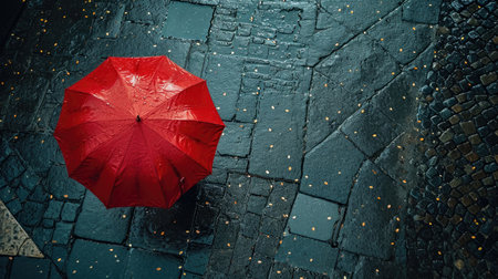 A red umbrella sitting on the side of a road.の素材