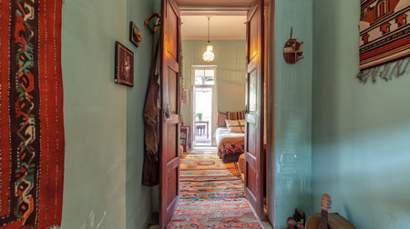 A hallway with a rug on the floor. Boho home interior.の素材