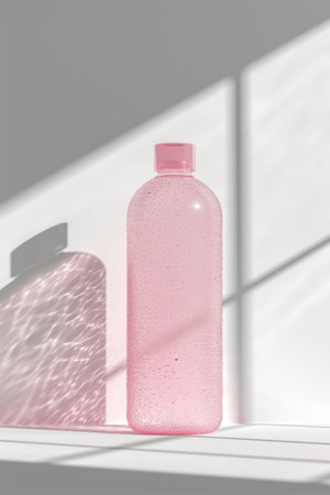 A pink bottle sitting on top of a white shelf. Bottle mockup.の素材