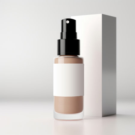 A bottle of liquid sitting next to a box. Beauty or wellness product mockup, copy-space.の素材