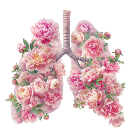 The lungs are covered in pink flowers. Concept illustration of healthy lungs.の素材