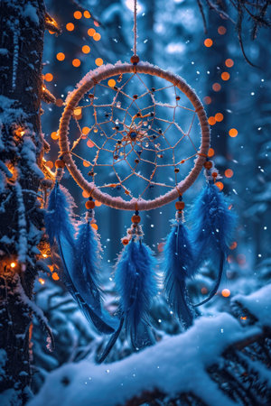 A dream catcher hanging from a tree in the snow.の素材