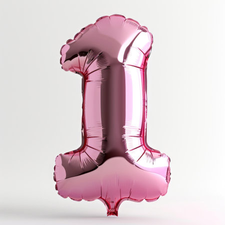 A pink foil balloon shaped like a number one.の素材