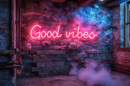 A neon sign that says good vibes on a brick wall.の素材