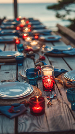 A wooden table with plates and glasses on it.の素材