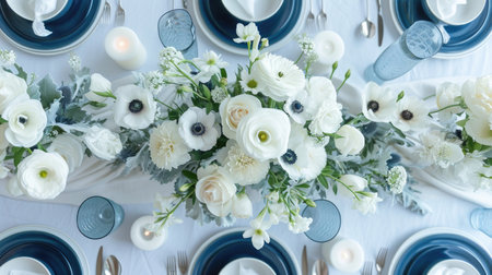 A table is set with white flowers and blue plates. Blue and white table setting.の素材