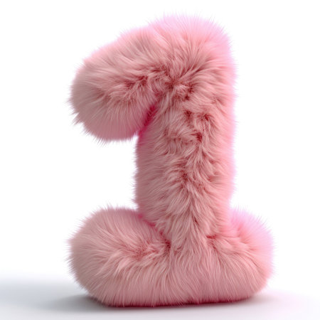 A pink fuzzy animal shaped like the number one.の素材