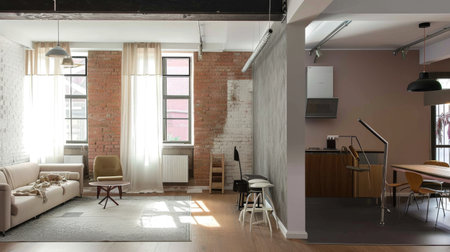A living room filled with furniture and a brick wall. House renovation.の素材
