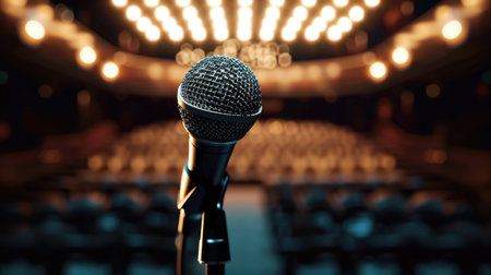 A microphone on a stand in front of a stage.の素材