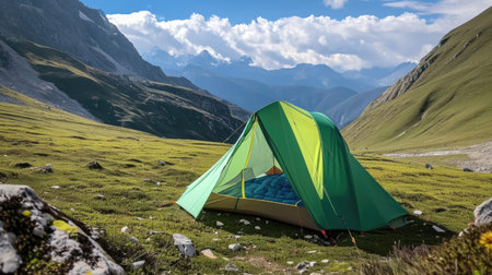 A tent pitched up in the middle of a grassy field.の素材