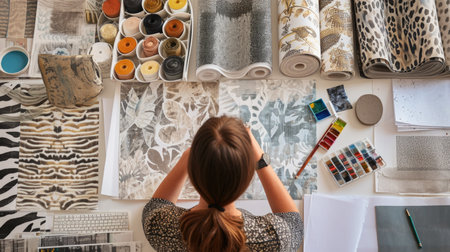 In a chic design studio, an interior designer curates black and white abstract wallpaper swatches for a client project, showcasing creativity and expertise in every stroke.の素材