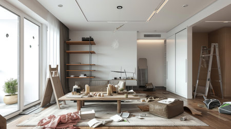 A living room with a lot of stuff on the floor. Home renovation.の素材