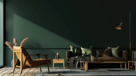 A living room with green walls and furniture.の素材