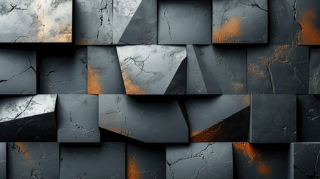 A bunch of black and orange cubes on a wall. Grunge dark grey digital stone wallpaper background.の素材