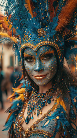 A woman wearing a blue and gold costume. Person in Mardi Gras carnival costume.の素材