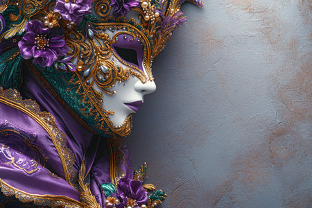 A close up of a purple and gold mask. Mardi Gras mask and costume on grey background with copy-space.の素材