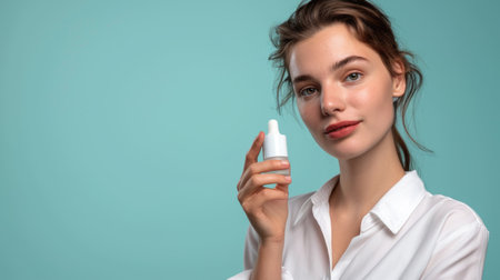 A woman in a white shirt holding a bottle of lotion.の素材