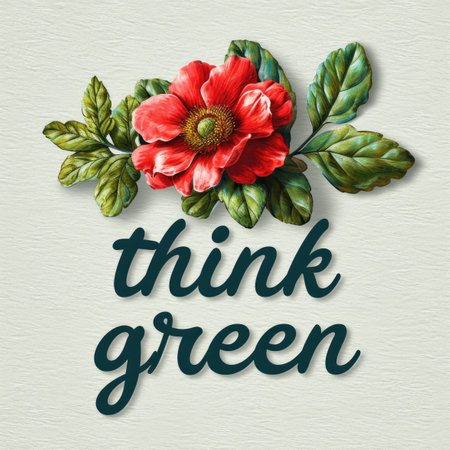 A red flower sitting on top of a green leaf. Text think green.の素材