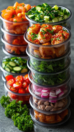 A stack of plastic containers filled with different types of food.の素材