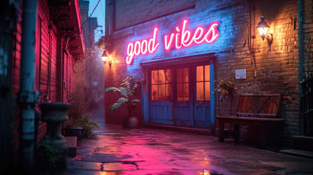 A neon sign that says good vibes on a building.の素材