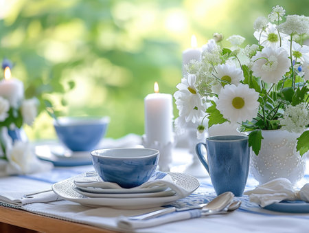 A table set with plates, cups, and a vase of flowers. Blue and white table setting.の素材