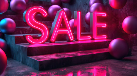 A neon sale sign surrounded by red and blue balls.の素材