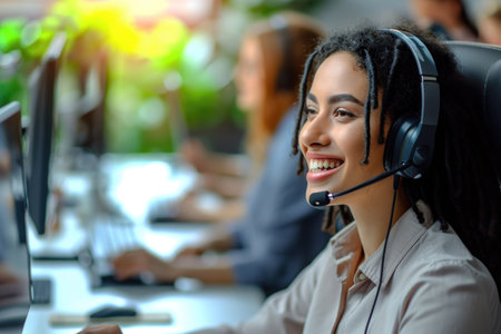 A woman wearing a headset sitting in front of a computer. Positive and energetic call center operator.の素材