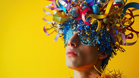 Abstract festive explosion: a captivating male model in a carnival costume made from mirrors, disco balls, and paper ribbonsの素材