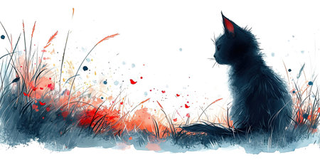 A painting of a cat sitting in the grass.の素材