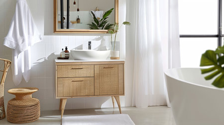 A bath room with a sink a mirror and a bath tub. Modern boho interiorの素材