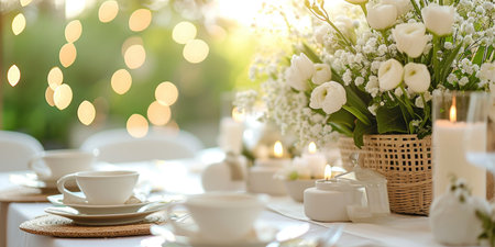 A table set for a wedding with white flowers and candles.の素材