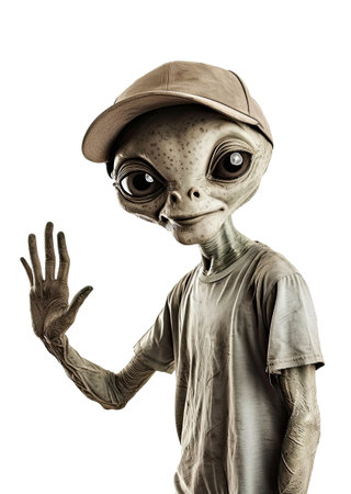 A close up of an alien with one hand up isolated on white.の素材