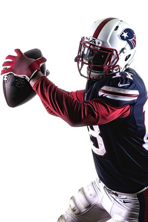 A man in a football uniform holding a football on white background.の素材