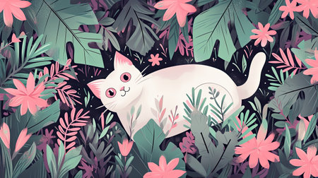 A white cat walking through a lush green forest. Exotic leaves and pink flowers, simple flat ornamental illustration.の素材