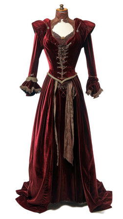 A womans dress on a mannequin stand. Imaginary victorian dress design on white background.の素材