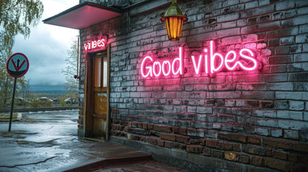 A neon sign that says good vibes on the side of a building.の素材