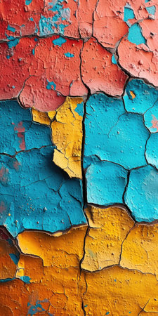 A close up of a peeling paint wall. Colorful grunge wallpaper background.の素材
