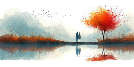 A man and a woman standing next to a lake.の素材