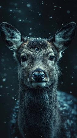 A close up of a deer in the snow. Animalistic wallpaper backgroundの素材