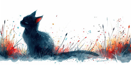 A painting of a cat sitting in the grass.の素材