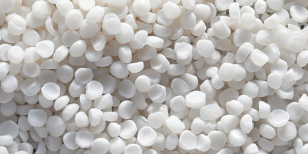 White PVC granulate background, recycled plastic granules, biodegradable plastic. Granules of eco-friendly plastic raw material at the factory.の素材