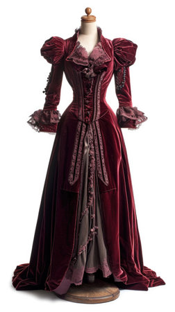 A womans dress on a mannequin stand. Imaginary victorian dress design on white background.の素材