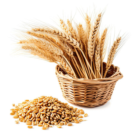 A basket filled with wheat next to a pile of oats. Clipart isolated on white backgroundの素材