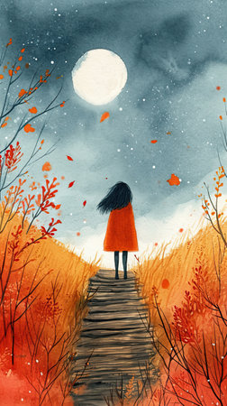 A painting of a woman standing on a wooden walkway.の素材