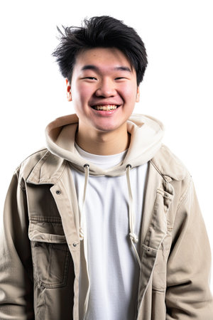 A man in a jacket is smiling for a picture. An asian college student portrait isolated on white background.の素材