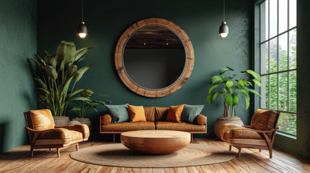 A living room with green walls and a round mirror.の素材