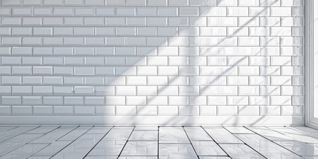 A white tiled room with a large window.の素材