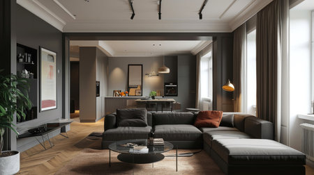 A living room filled with furniture and a flat screen tv.の素材