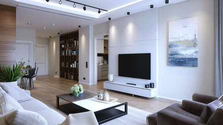 A living room filled with furniture and a flat screen tv.の素材