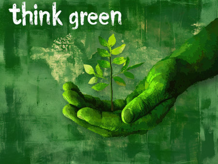 A painting of a person holding a plant. Text think green.の素材